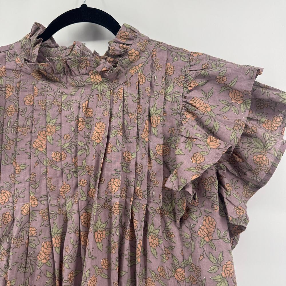 Victoria Dunn Jameson Ruffle Blouse Sz 2XL Floral Pleated Cotton Top Block Print - Picture 3 of 6